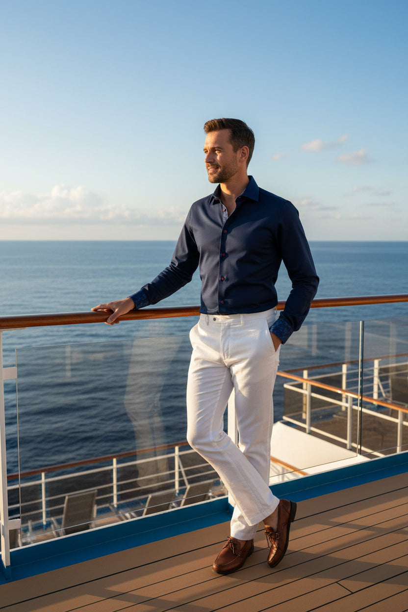 Levinas Official Geo Button-Down Shirt with Contrast Details Navy — essentials for completing your flawless vacation look at Sun of the Beach Boutique