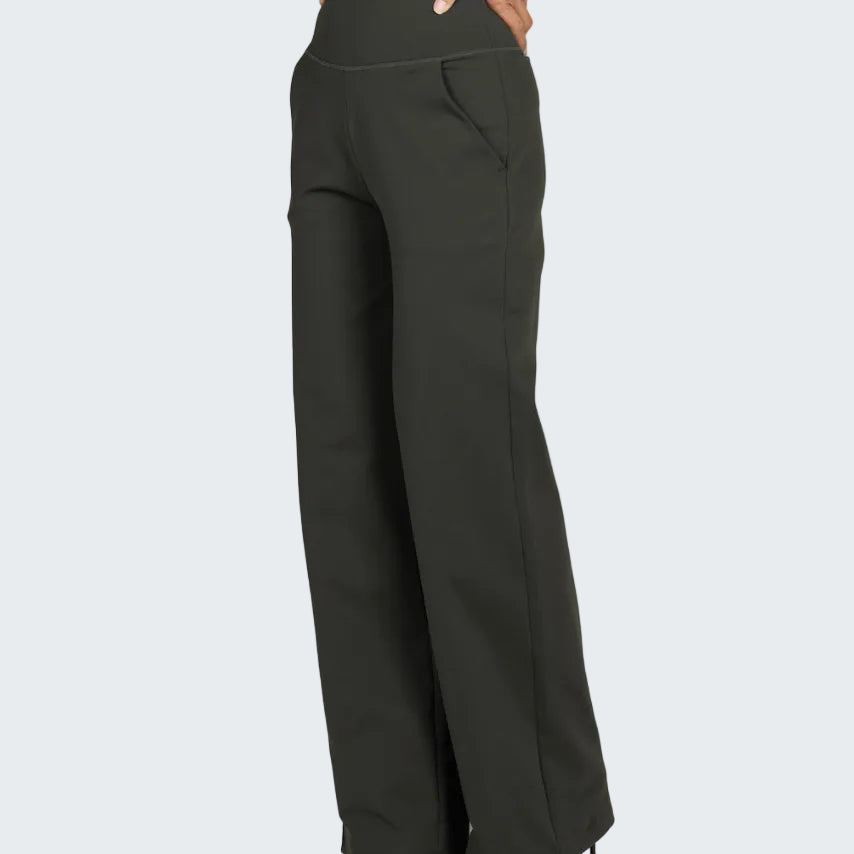 Dark green wide-leg pants worn by a person on a white background