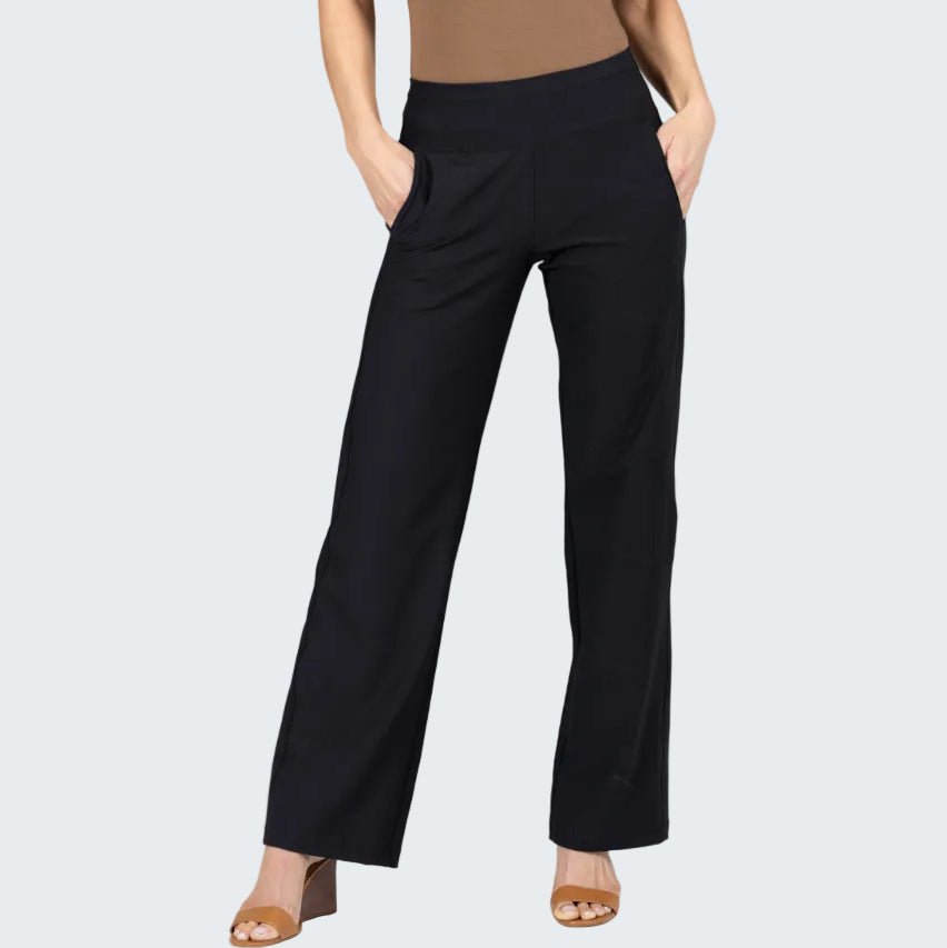 Black wide-leg pants worn by a person on a gray background