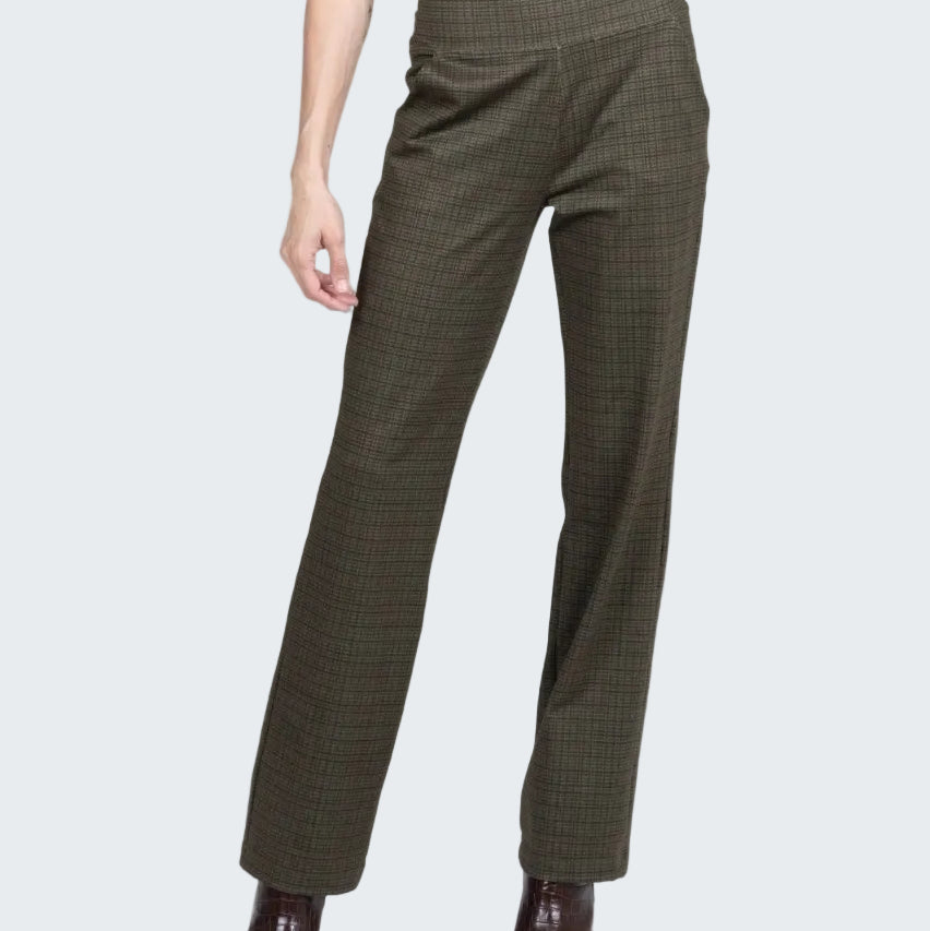 Brown plaid pants worn by a person on a white background