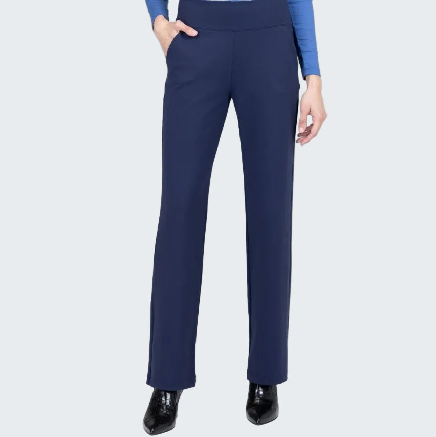 Navy blue pants worn by a person on a white background