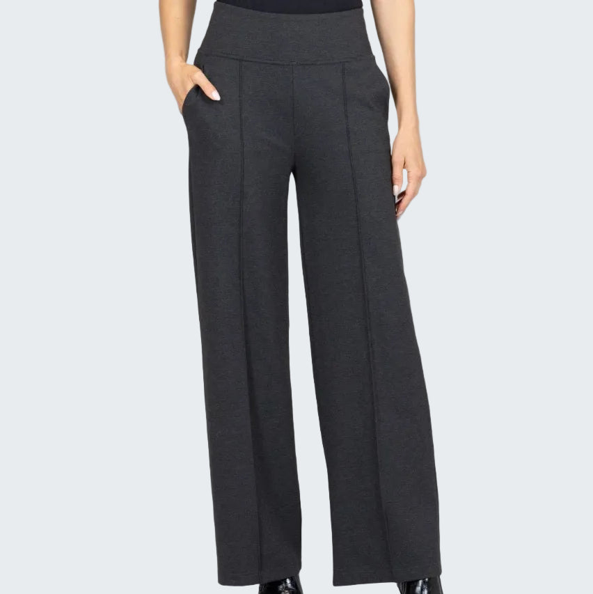 Dark gray wide-leg pants worn by a person on a white background