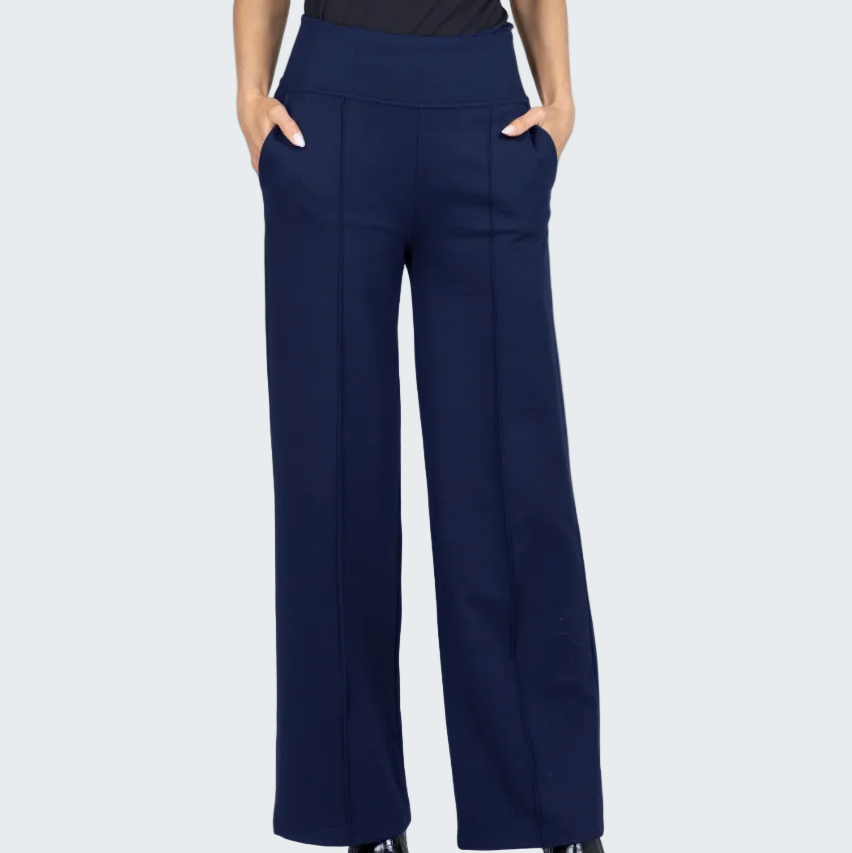 Navy blue wide-leg pants worn by a person on a white background