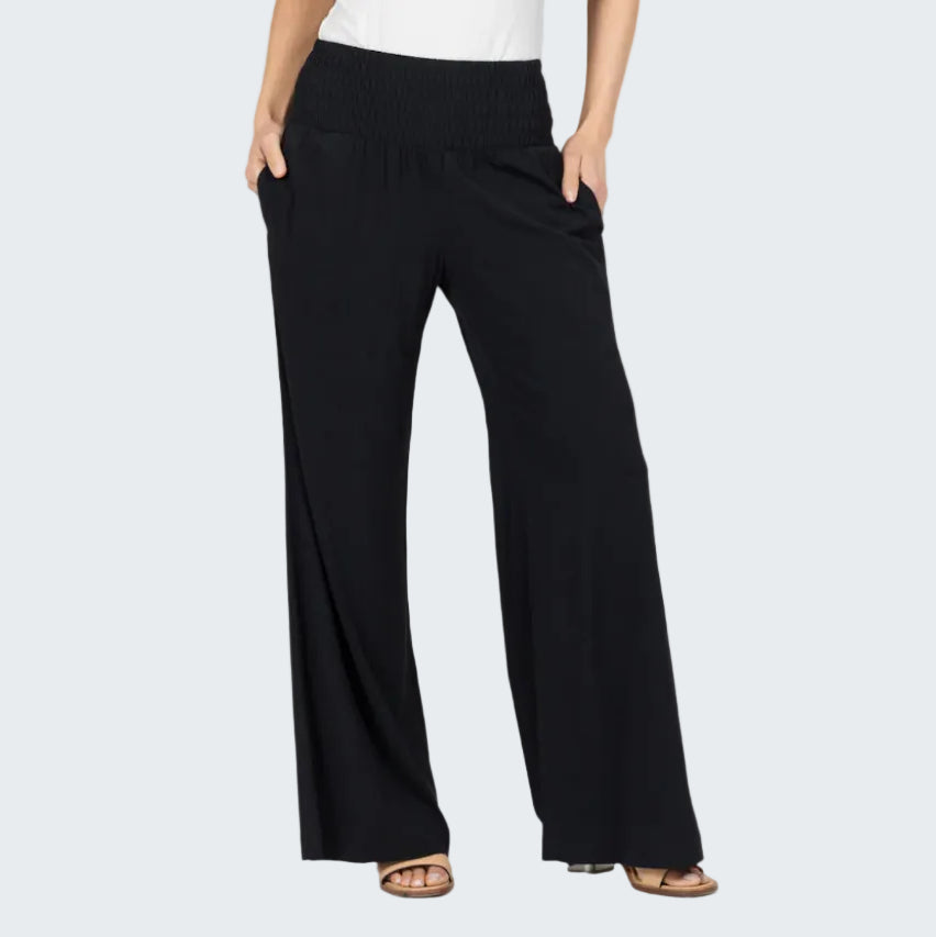Black wide-leg pants worn by a person on a white background