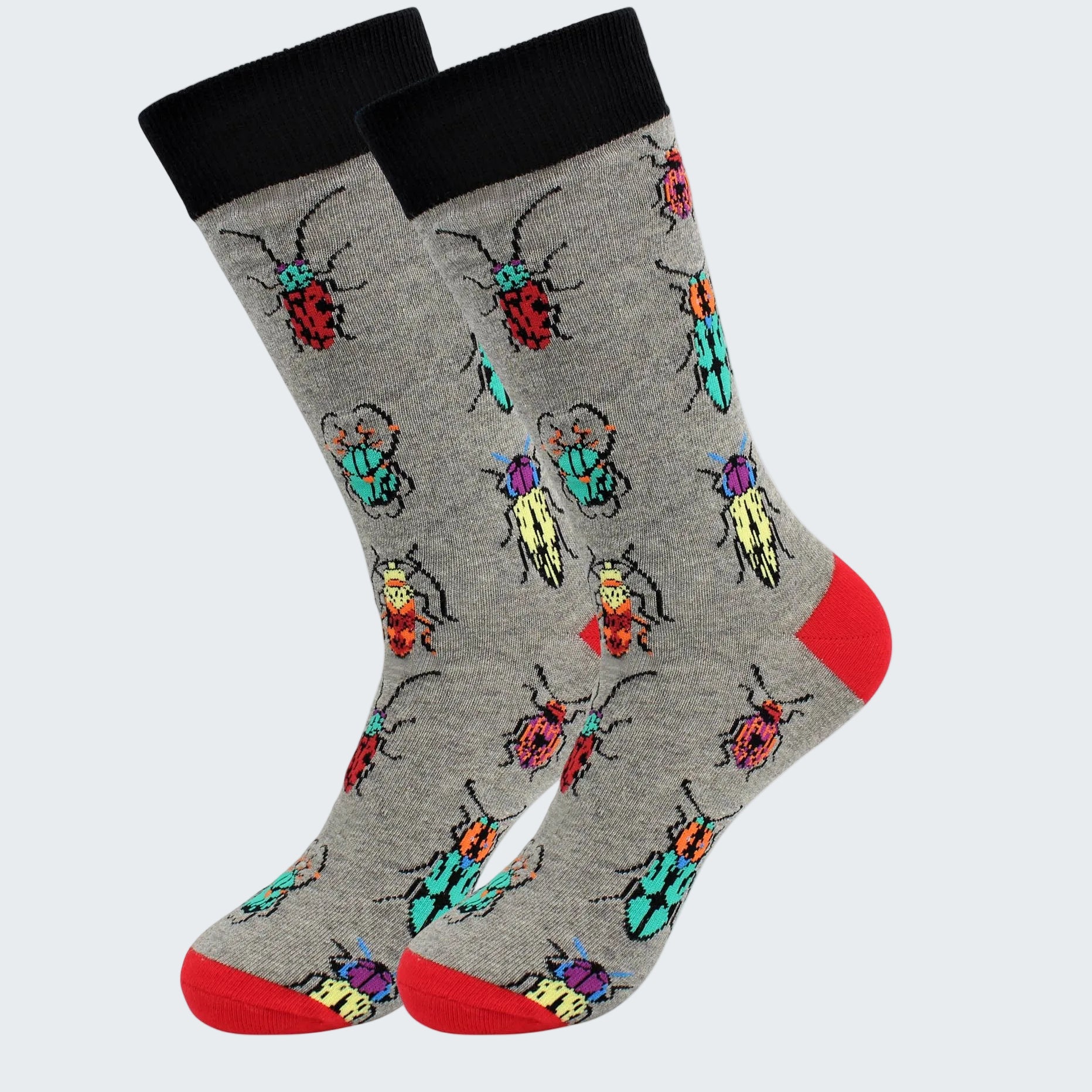 Gray socks with colorful beetle pattern and red toes on a white background