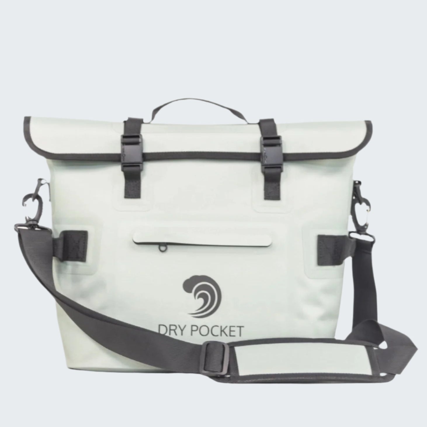 White bag with black straps and 'Dry Pocket' logo on a white background