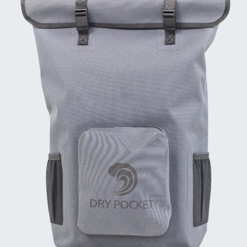 Gray roll-top backpack with 'Dry Pocket' branding on a white background