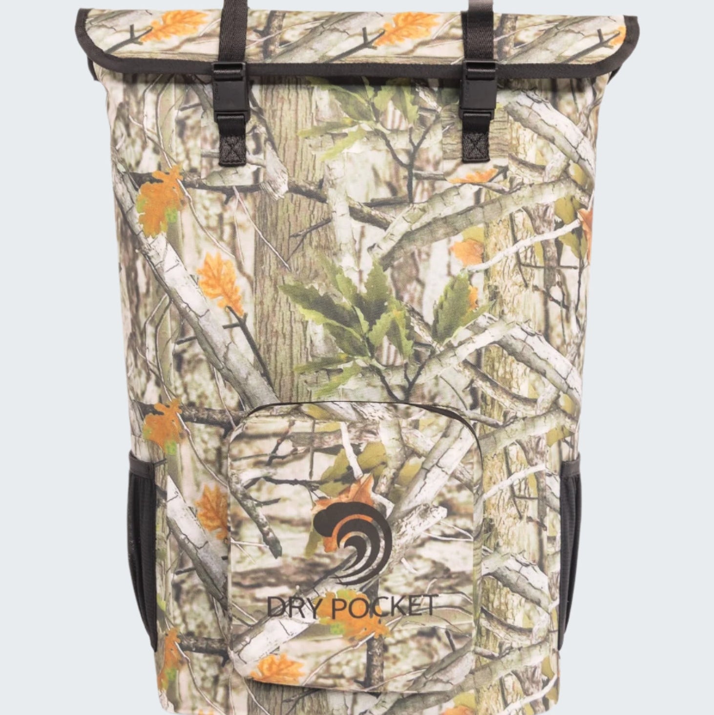 Camouflage backpack with 'Dry Pocket' branding on a white background