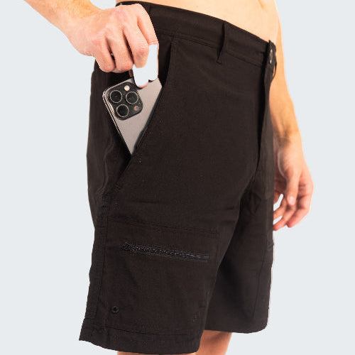 Person wearing black shorts holding a phone with a white background