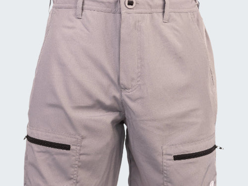 Gray shorts with black zippers on a white background