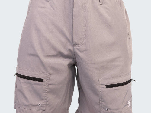 Gray shorts with black zippers on a white background