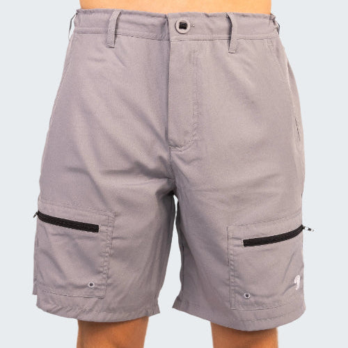 Gray shorts with black zippers on a white background