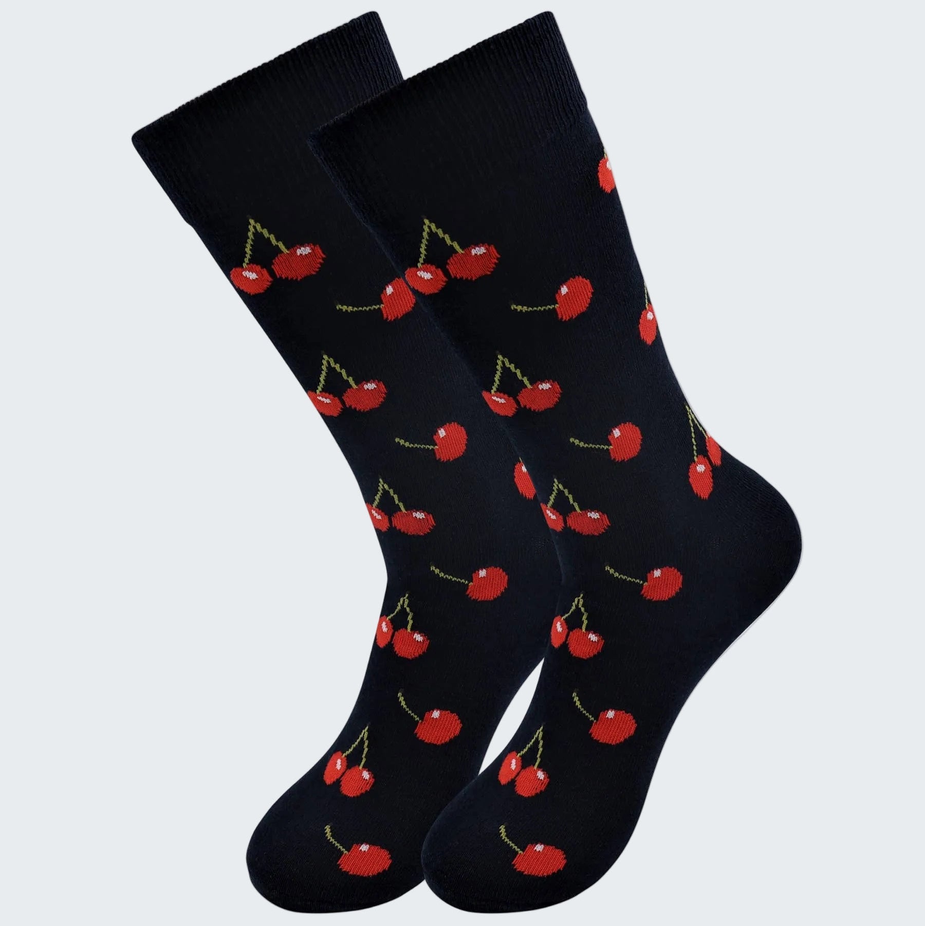 Black socks with red cherry pattern on a white background