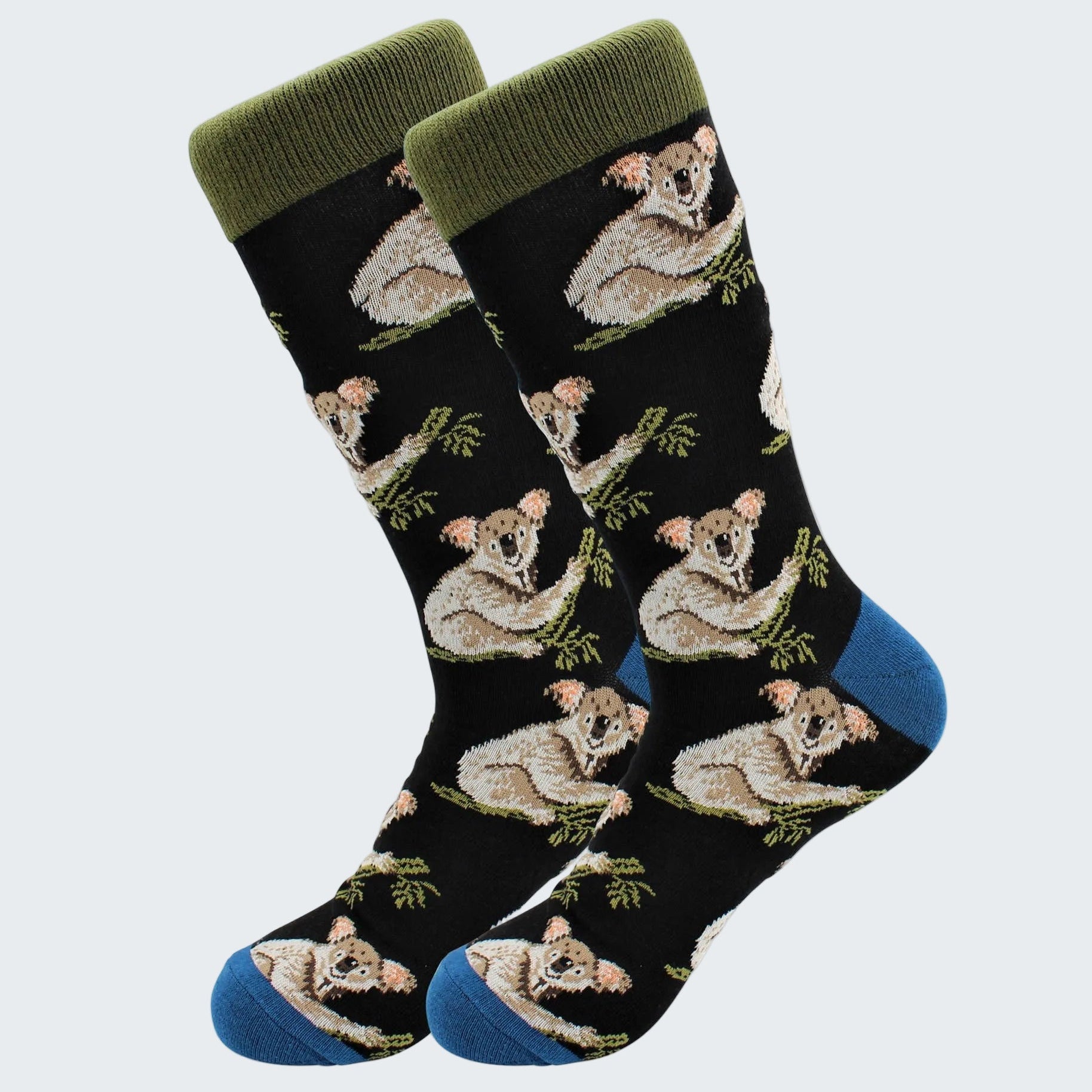Pair of socks with koala bear pattern on a black background