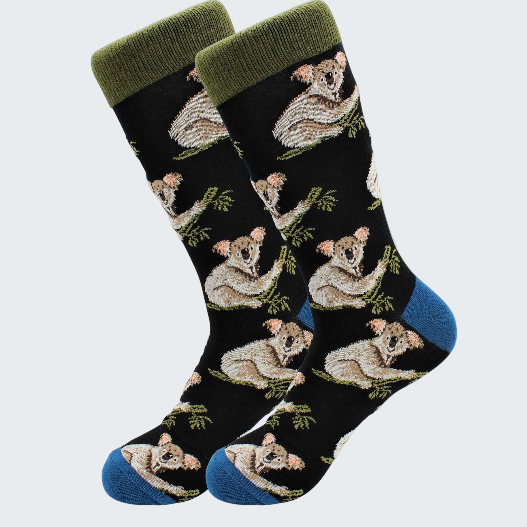 Pair of socks with koala bear pattern on a black background