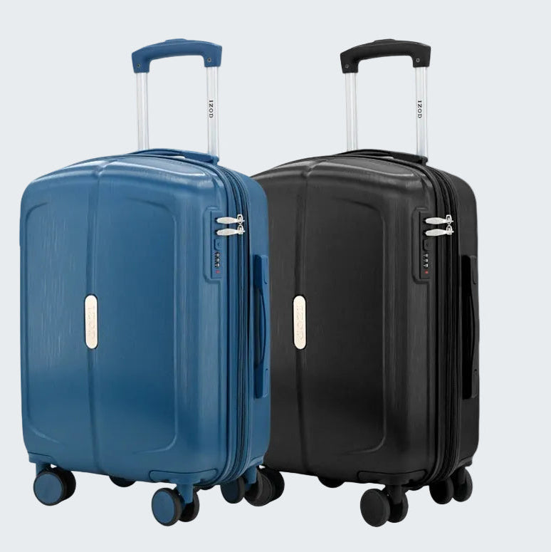 Two suitcases, one blue and one black, on a white background