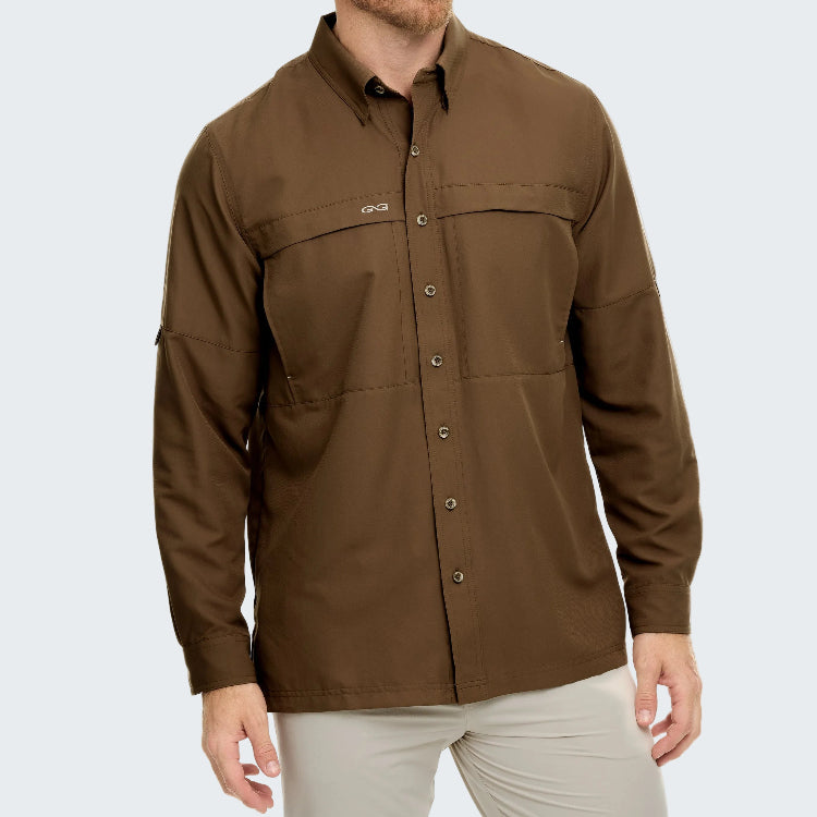Brown shirt with button details on a white background