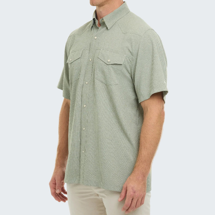 Man wearing a green short-sleeve shirt on a white background