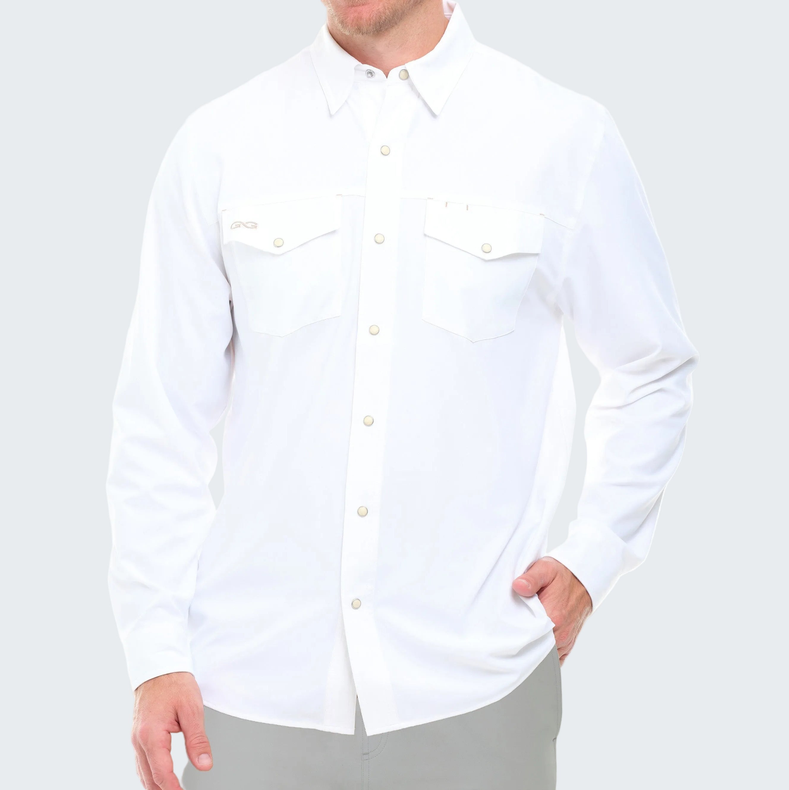 White button-up shirt worn by a person on a white background