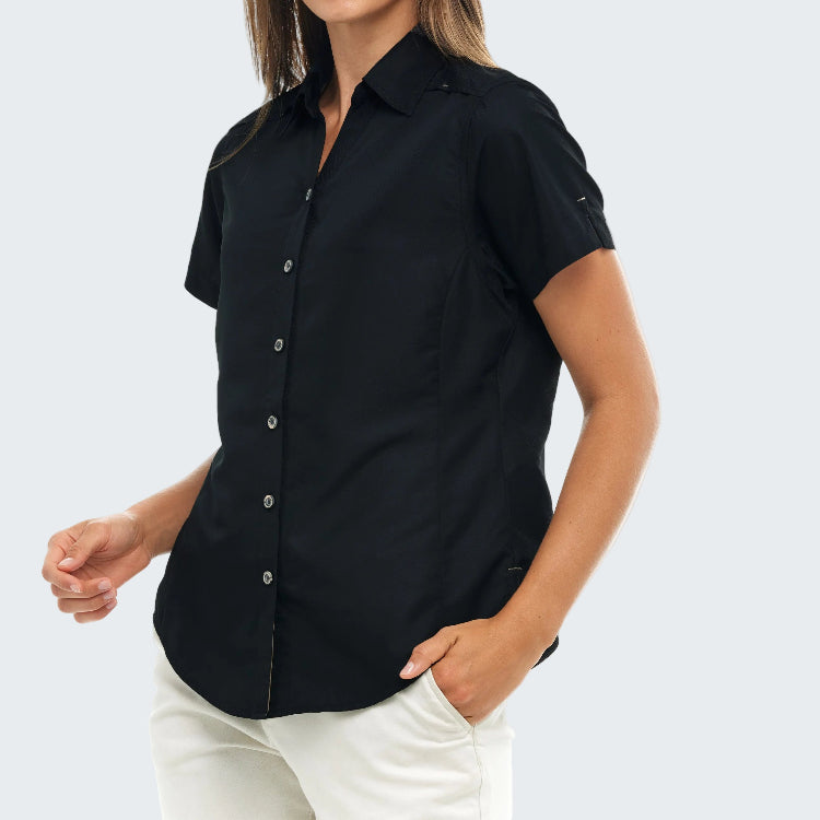 Person wearing a black short-sleeve shirt on a white background