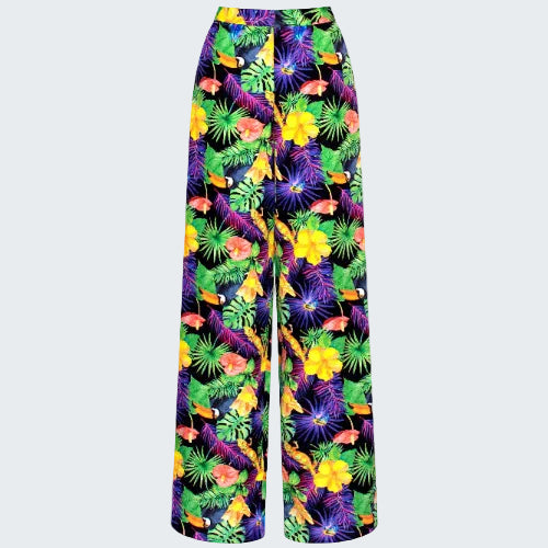 Colorful tropical patterned pants on a white background