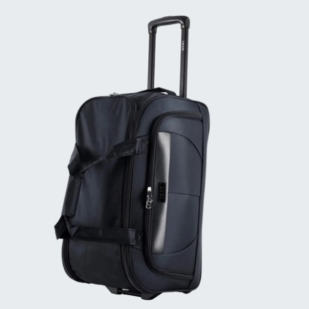 Black suitcase with wheels on a white background