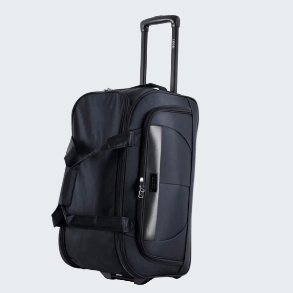 Black suitcase with wheels on a white background