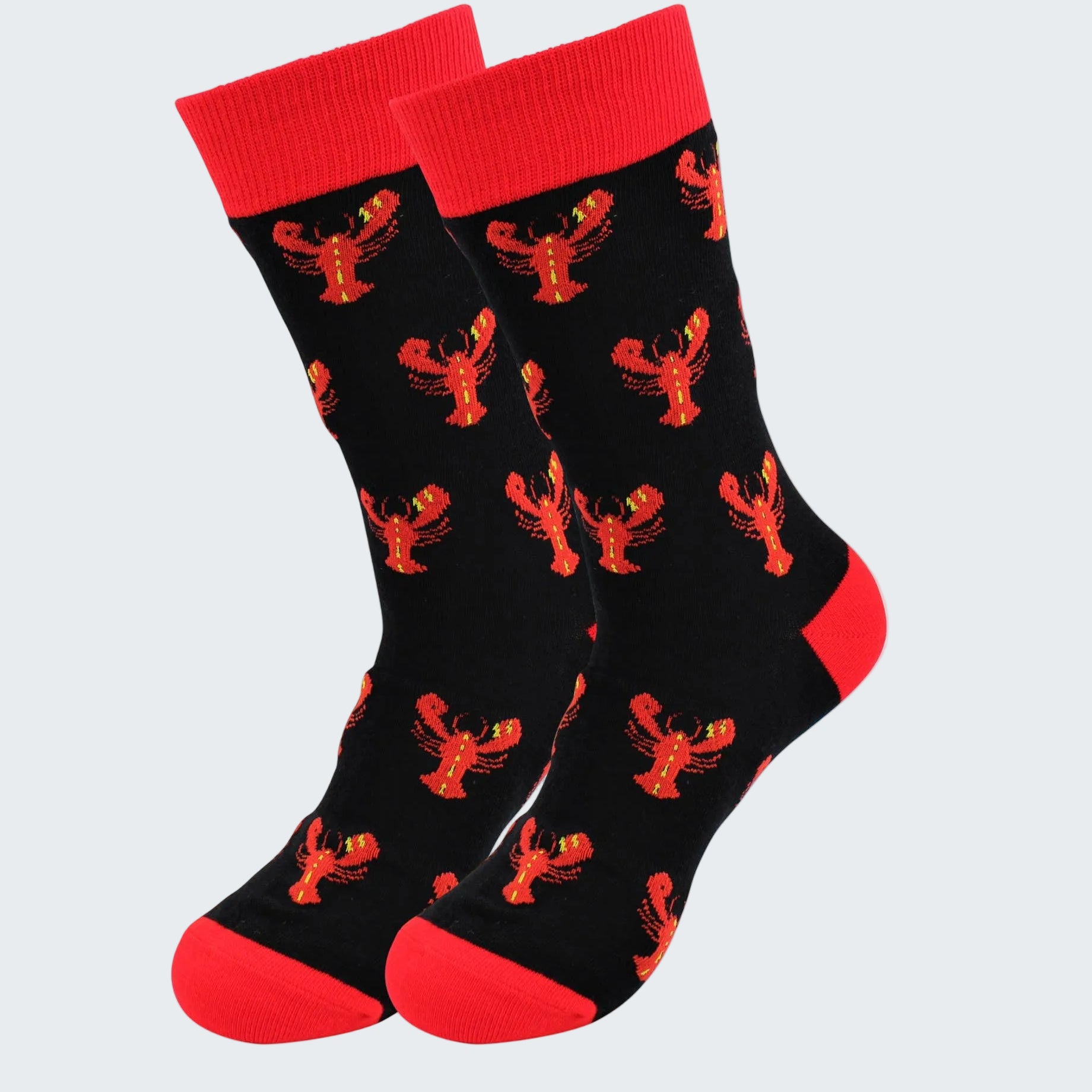 Black socks with red accents and lobster pattern on a white background