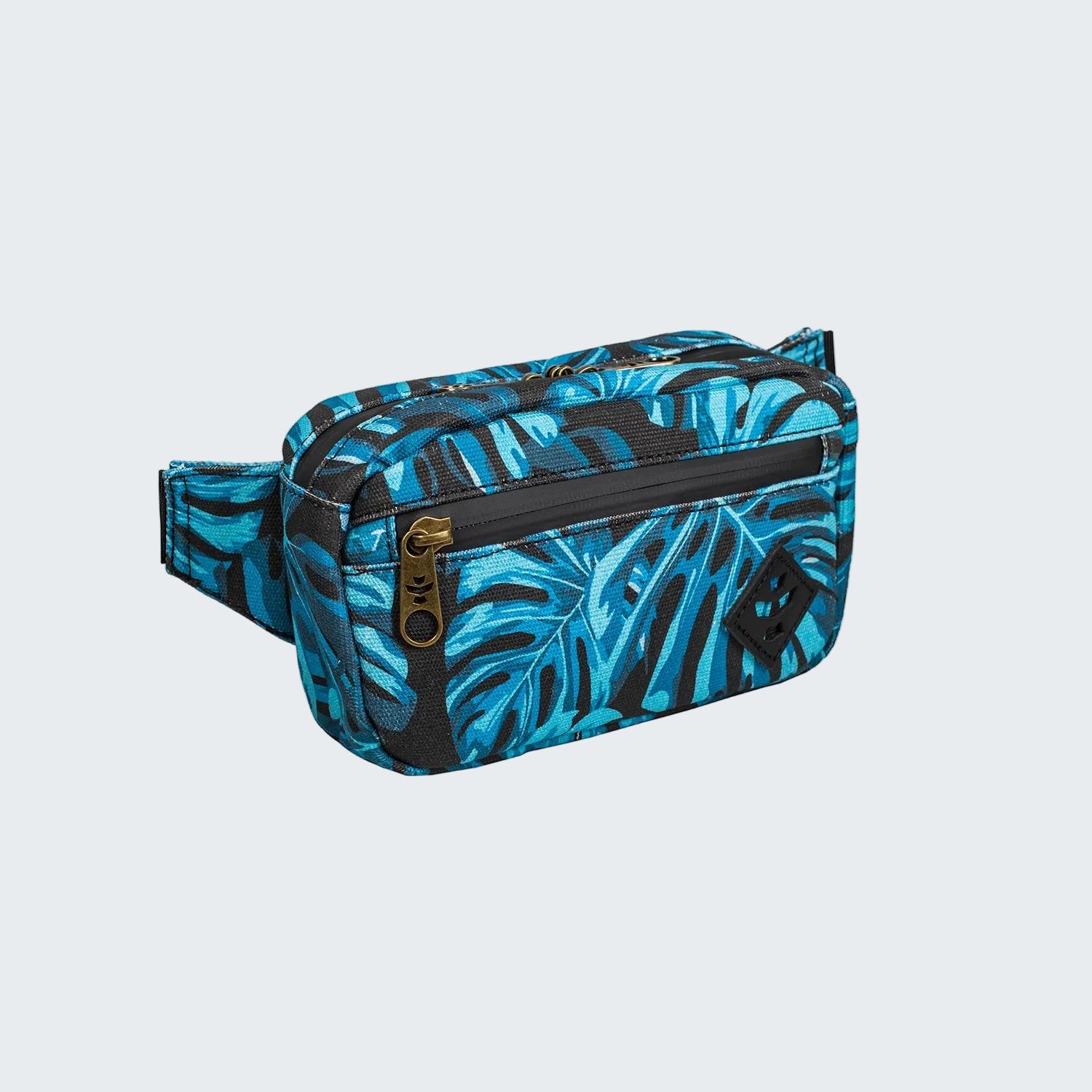 Blue leaf-patterned fanny pack on a white background