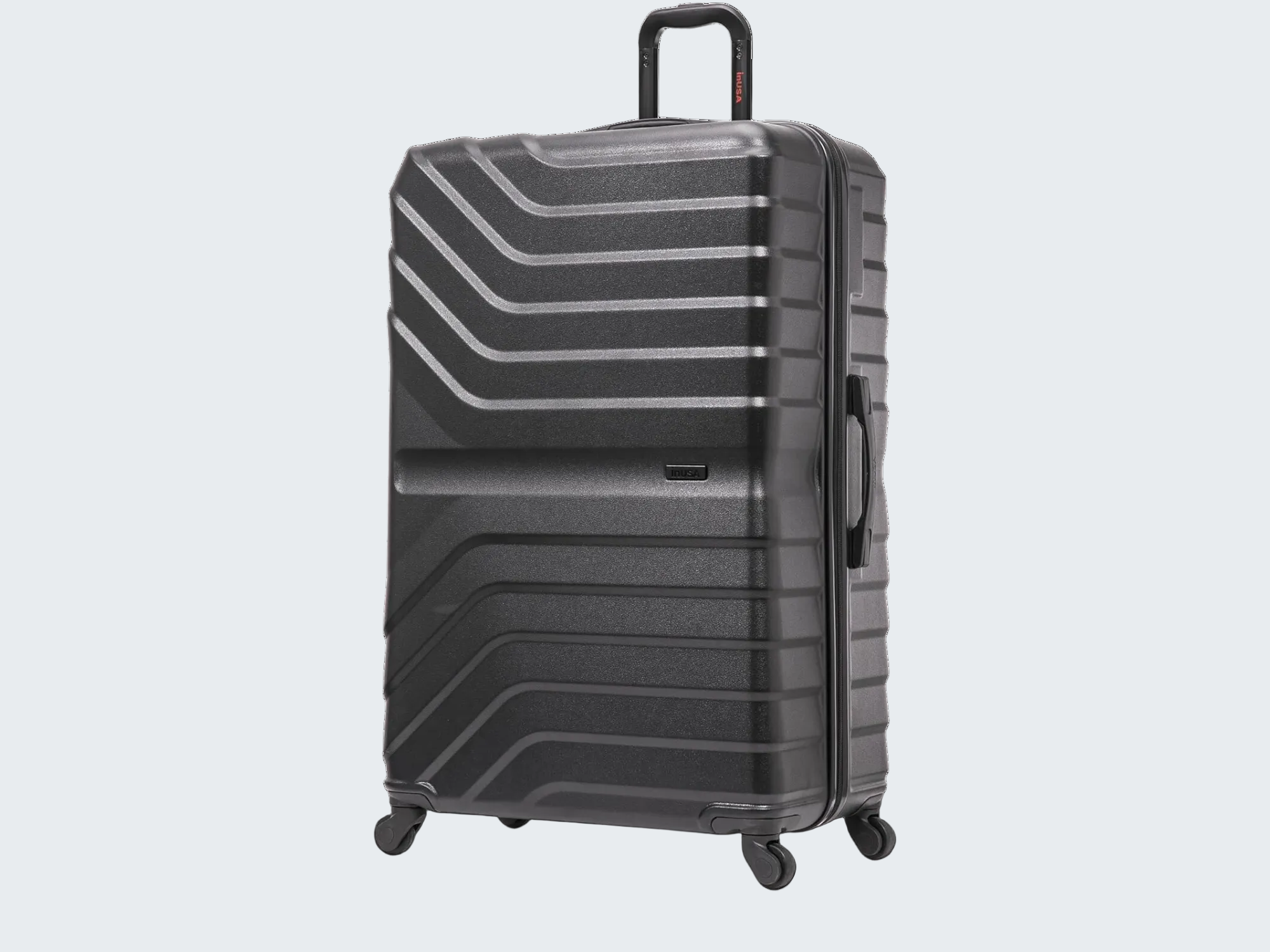 Black suitcase with a textured design on a white background