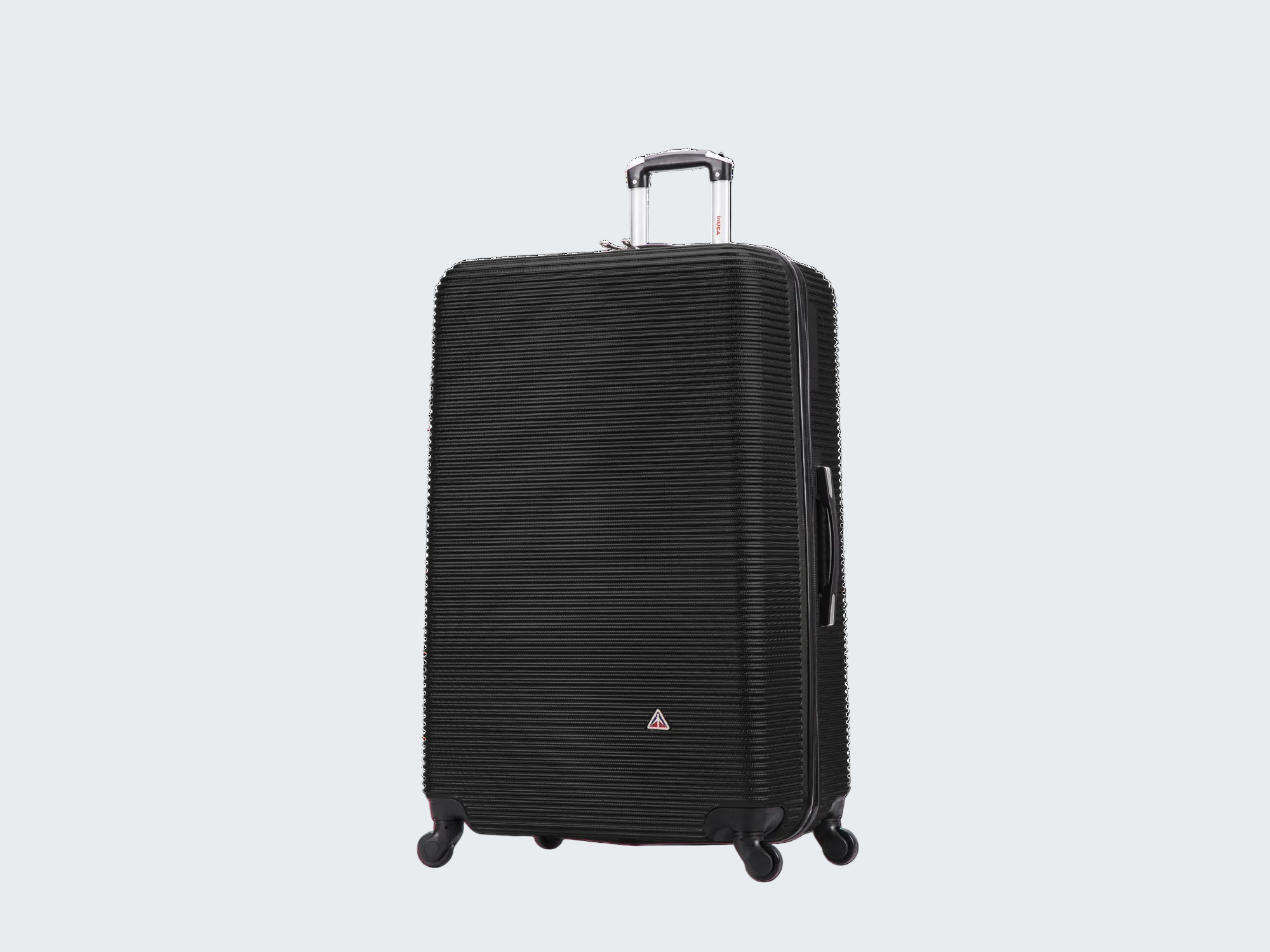 Black suitcase with a visible brand logo on a white background
