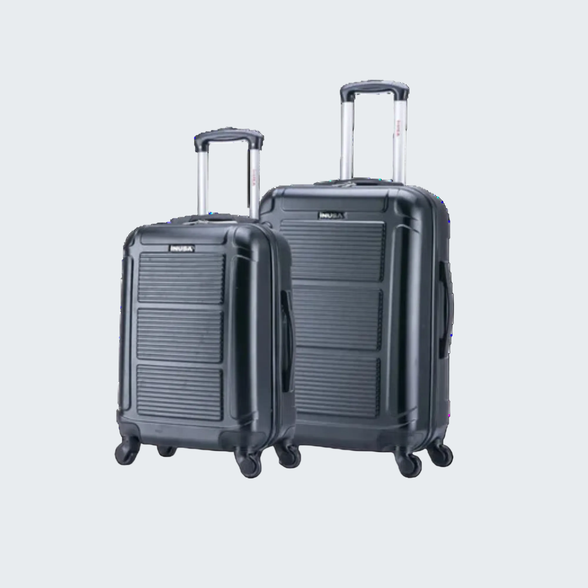 Two black suitcases with wheels on a white background