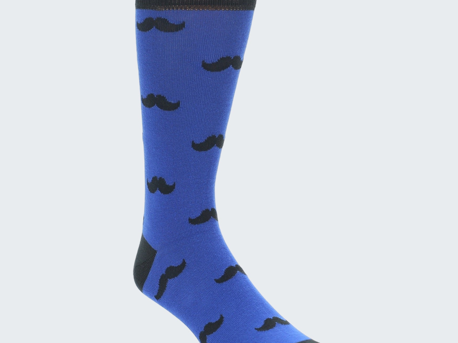 Blue sock with black mustache patterns on a white background