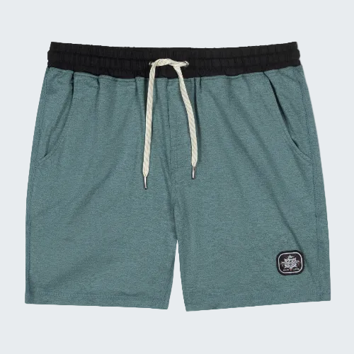 Teal shorts with a black waistband and white drawstring on a white background