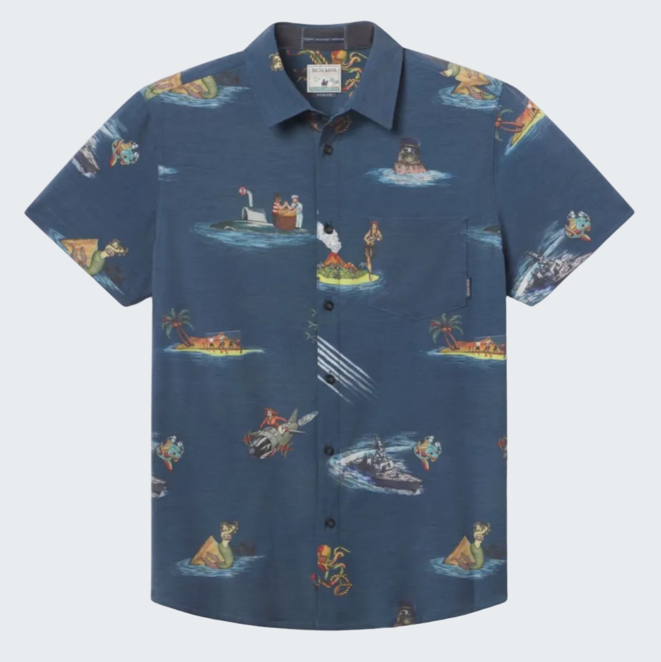 Blue shirt with colorful animal-themed pattern on a white background