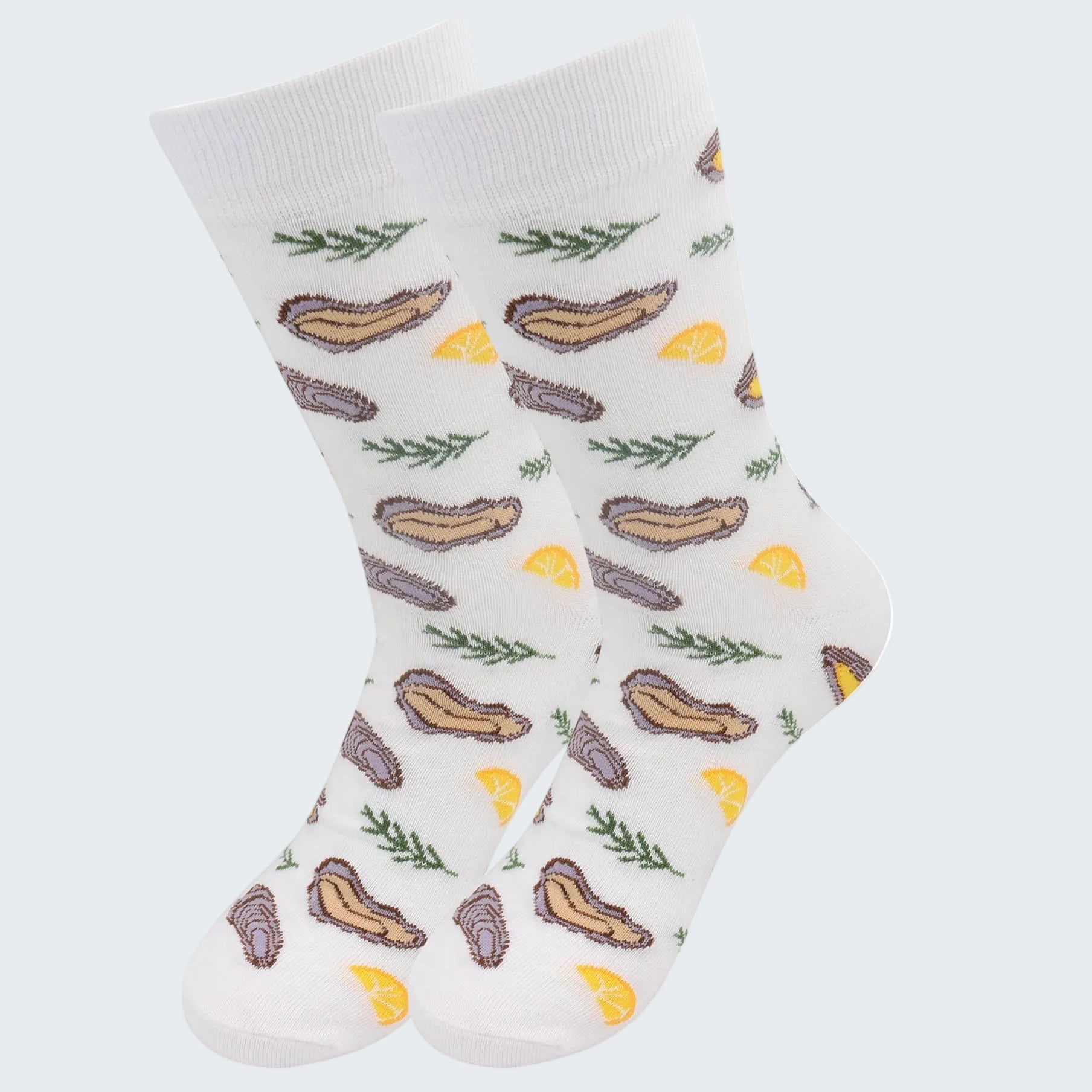 White socks with hot dog and cheese pattern on a white background