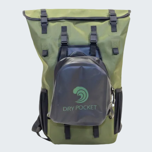Green waterproof backpack with a smaller black backpack attached, featuring 'Dry Pocket' branding.