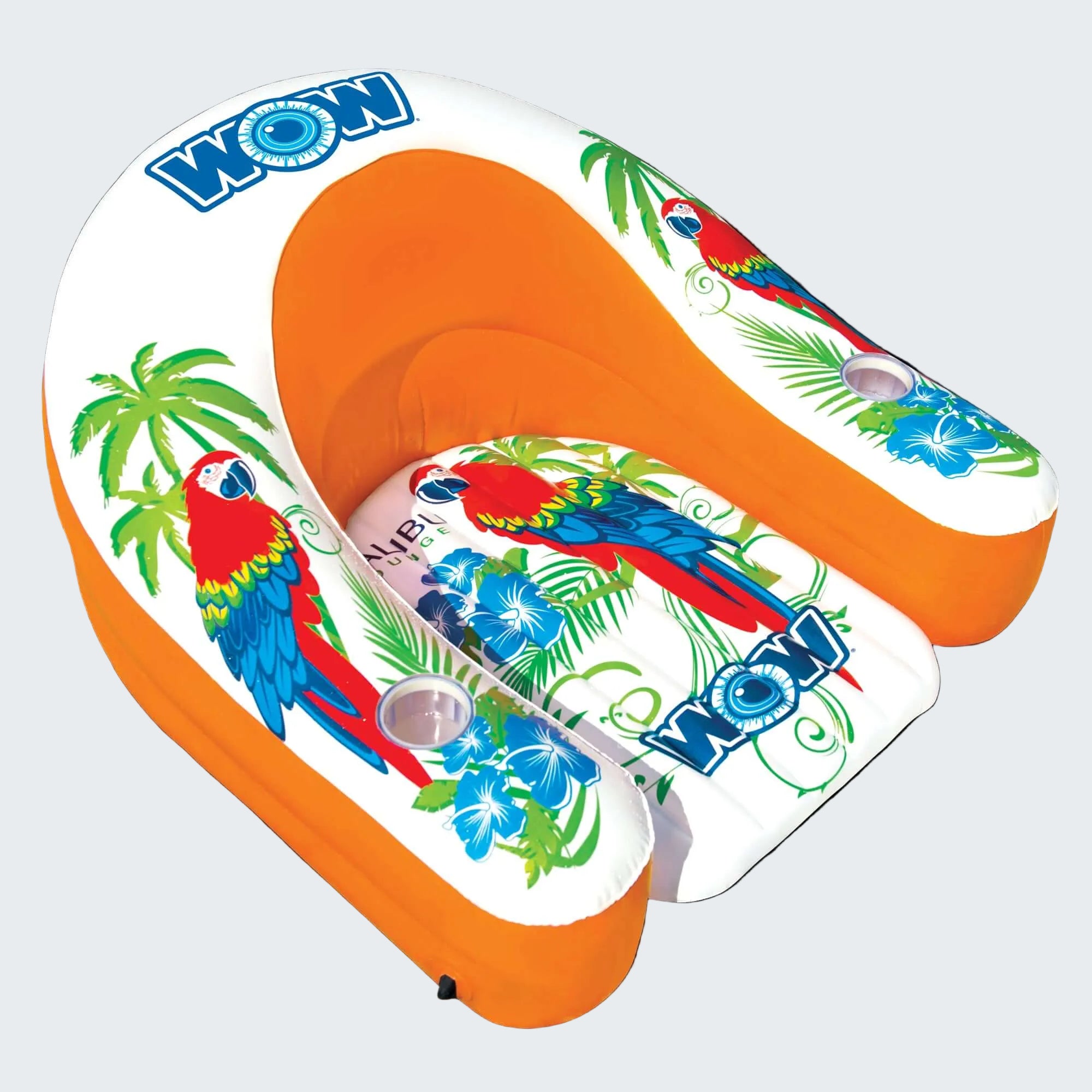 Inflatable flip-flop with parrot and palm tree design on a white background