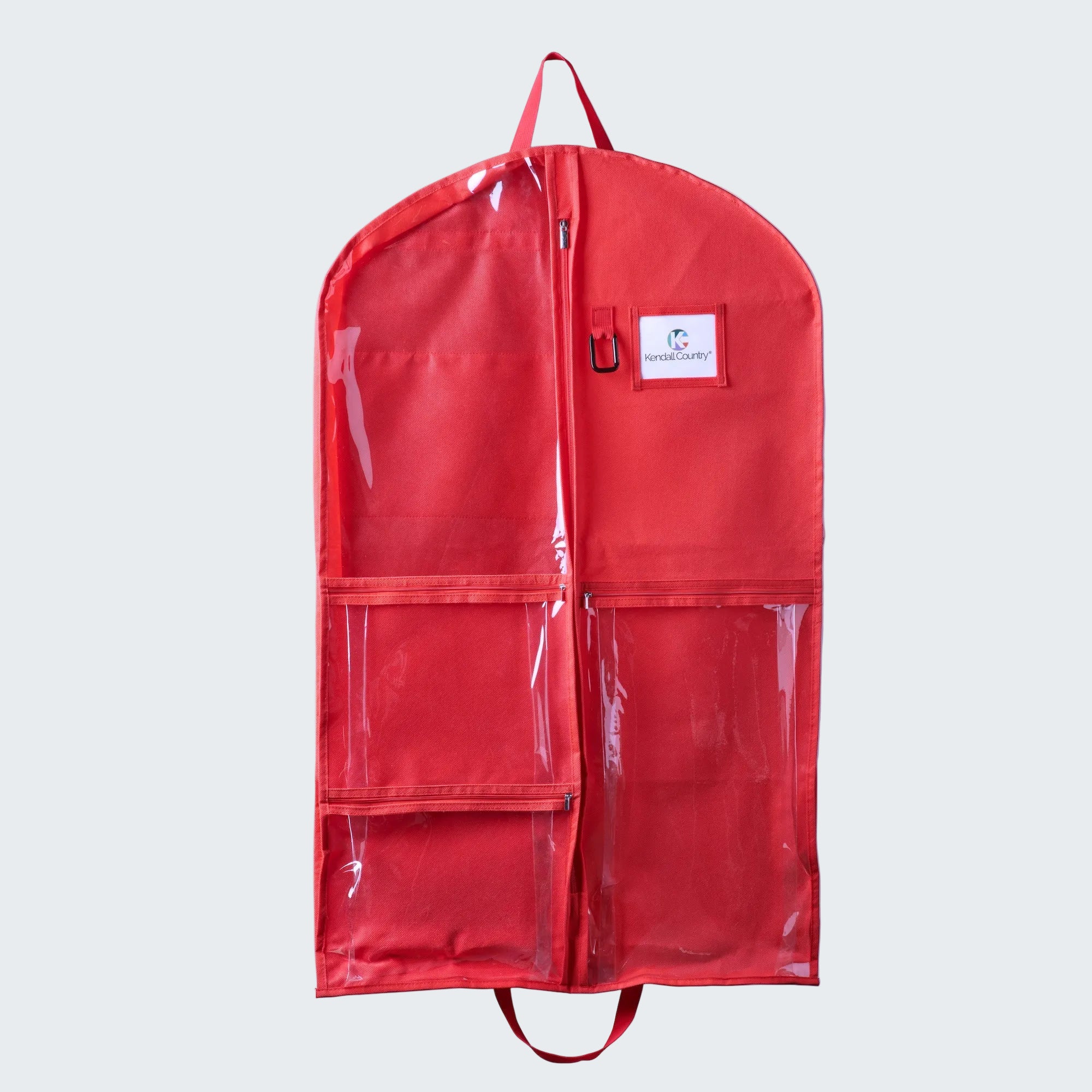 A red garment storage bag with clear plastic pockets and a zippered top, shown against a plain white background.