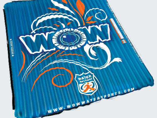 Blue inflatable mat with 'WOW' branding on a black background