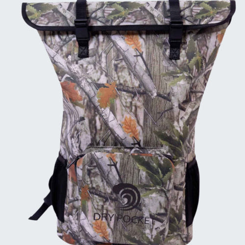 Camouflage backpack with a visible 'Dry Pocket' label on a white background