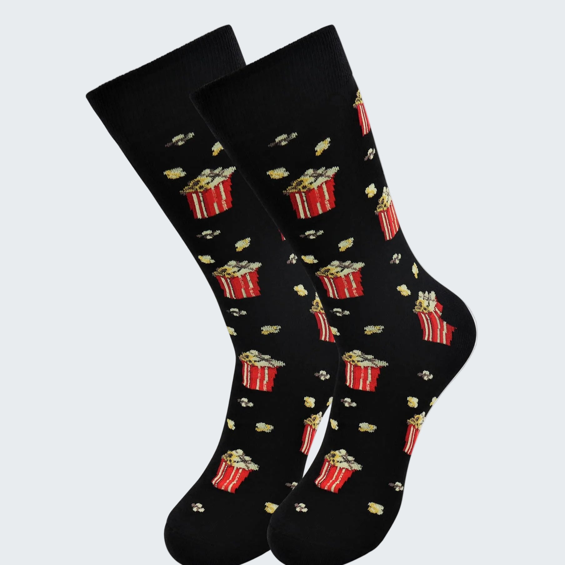 Black socks with red gift box pattern on a white background