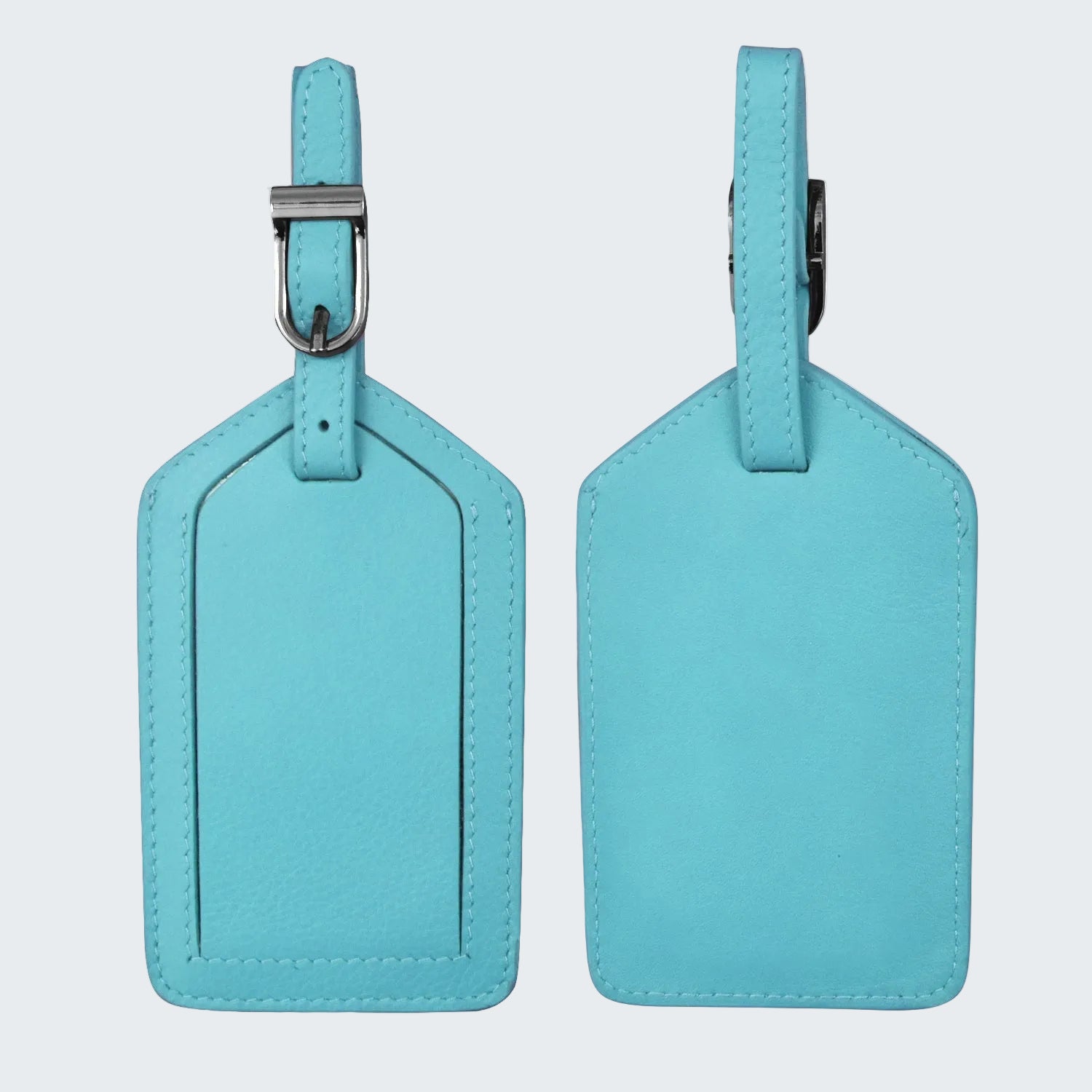 Two turquoise luggage tags on a white background