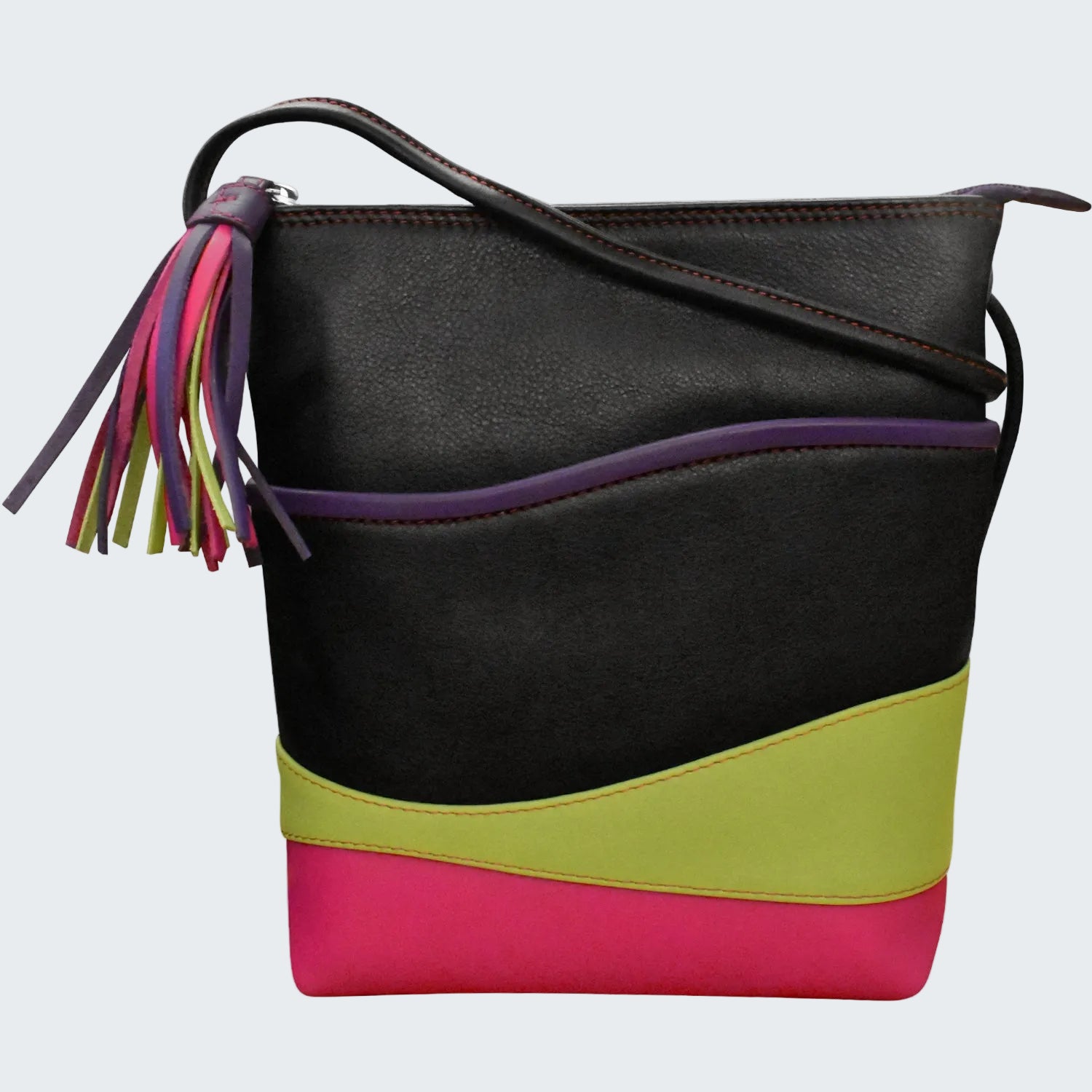 Multicolored handbag with tassel on a white background