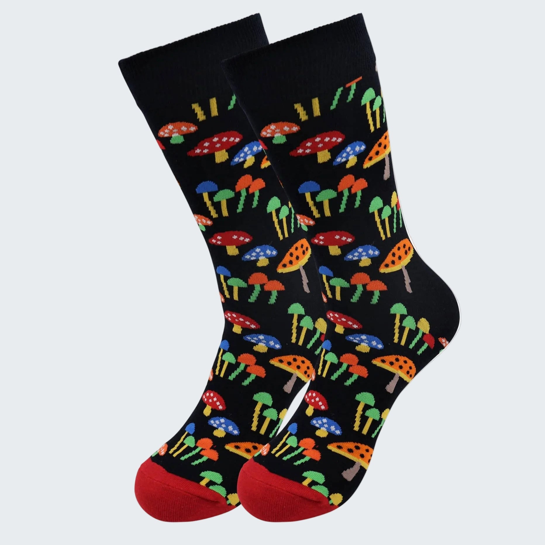Black socks with colorful mushroom pattern on a white background