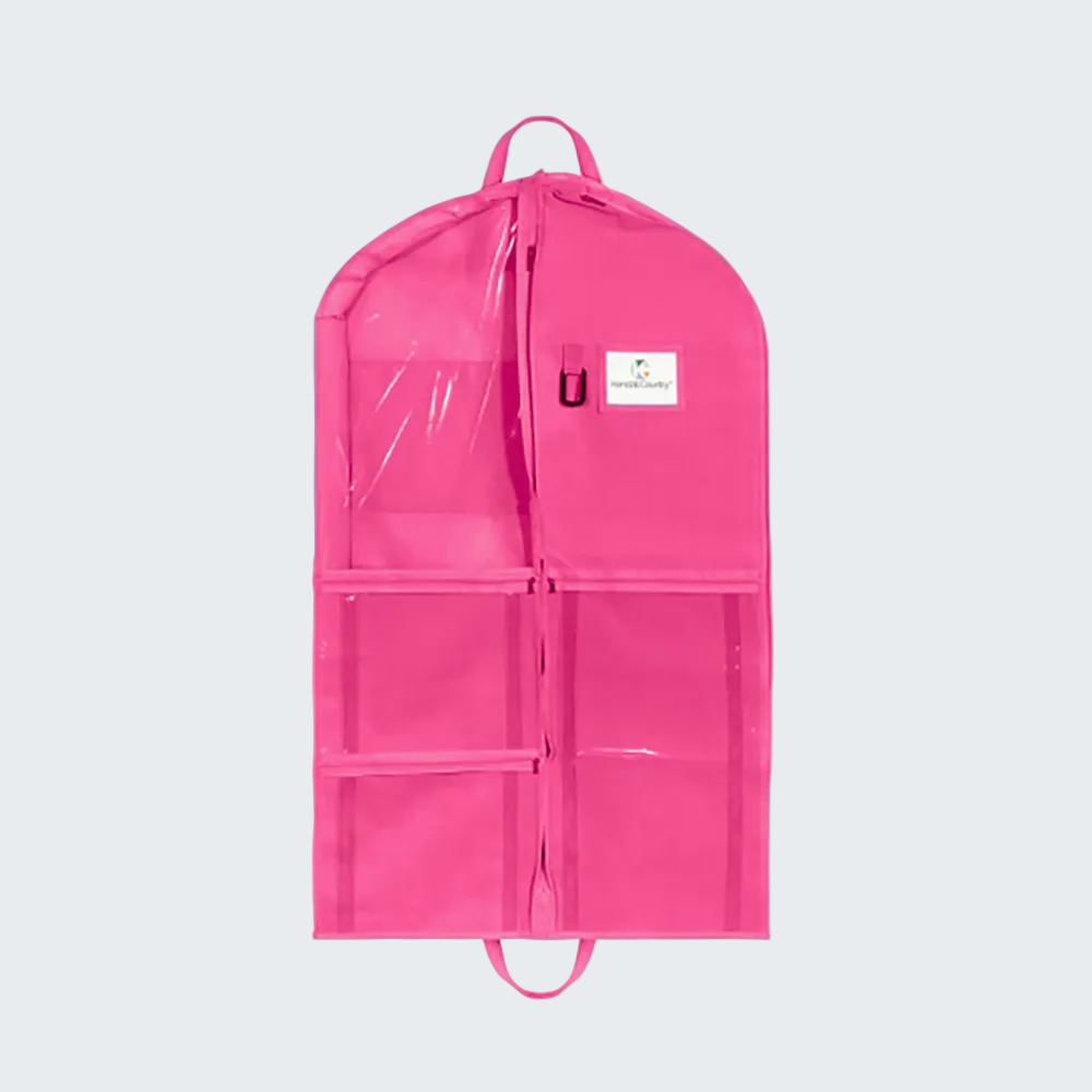 Pink garment bag with clear front panel on a white background