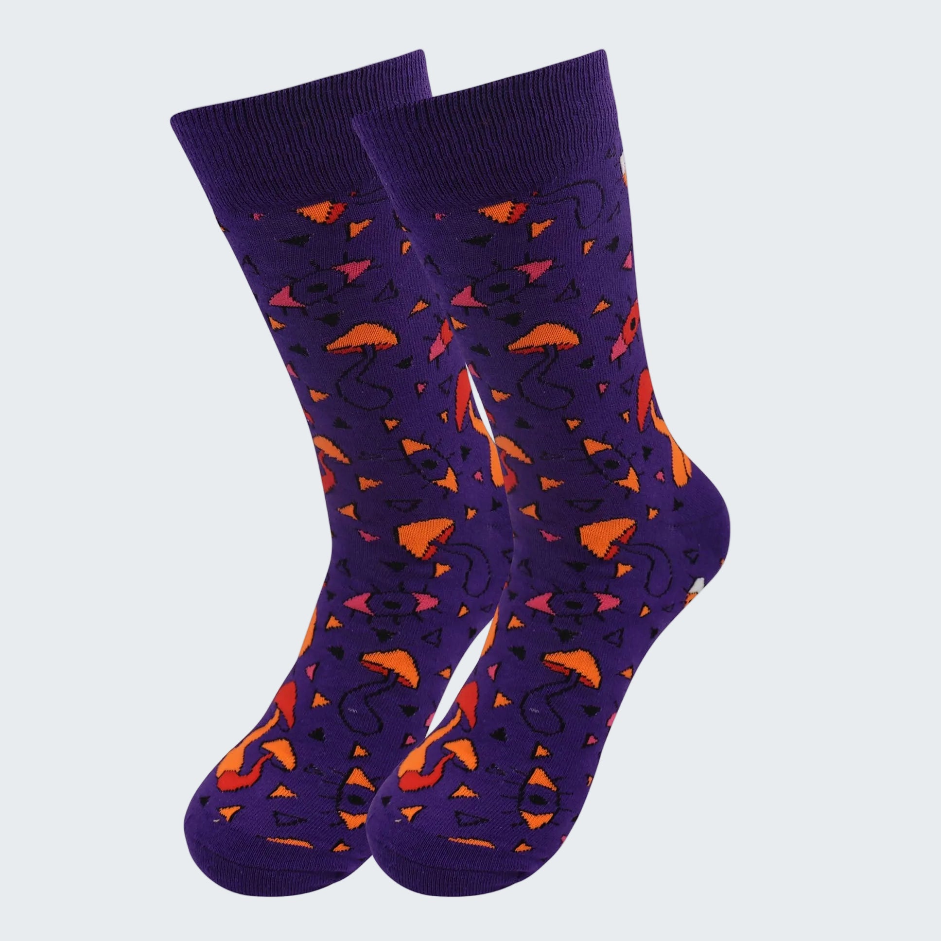 Pair of purple socks with orange geometric patterns on a white background