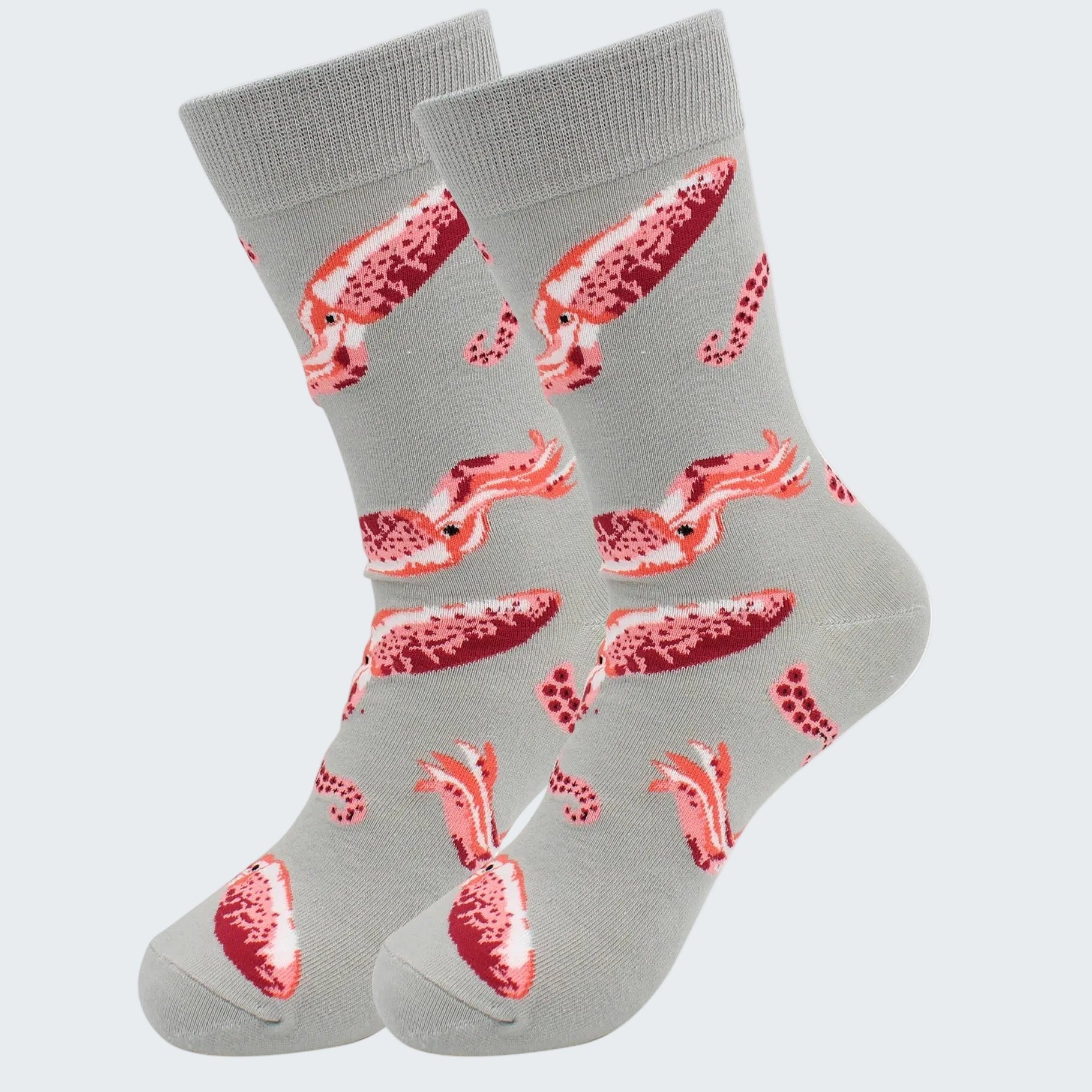 Gray socks with red lobster pattern on a white background