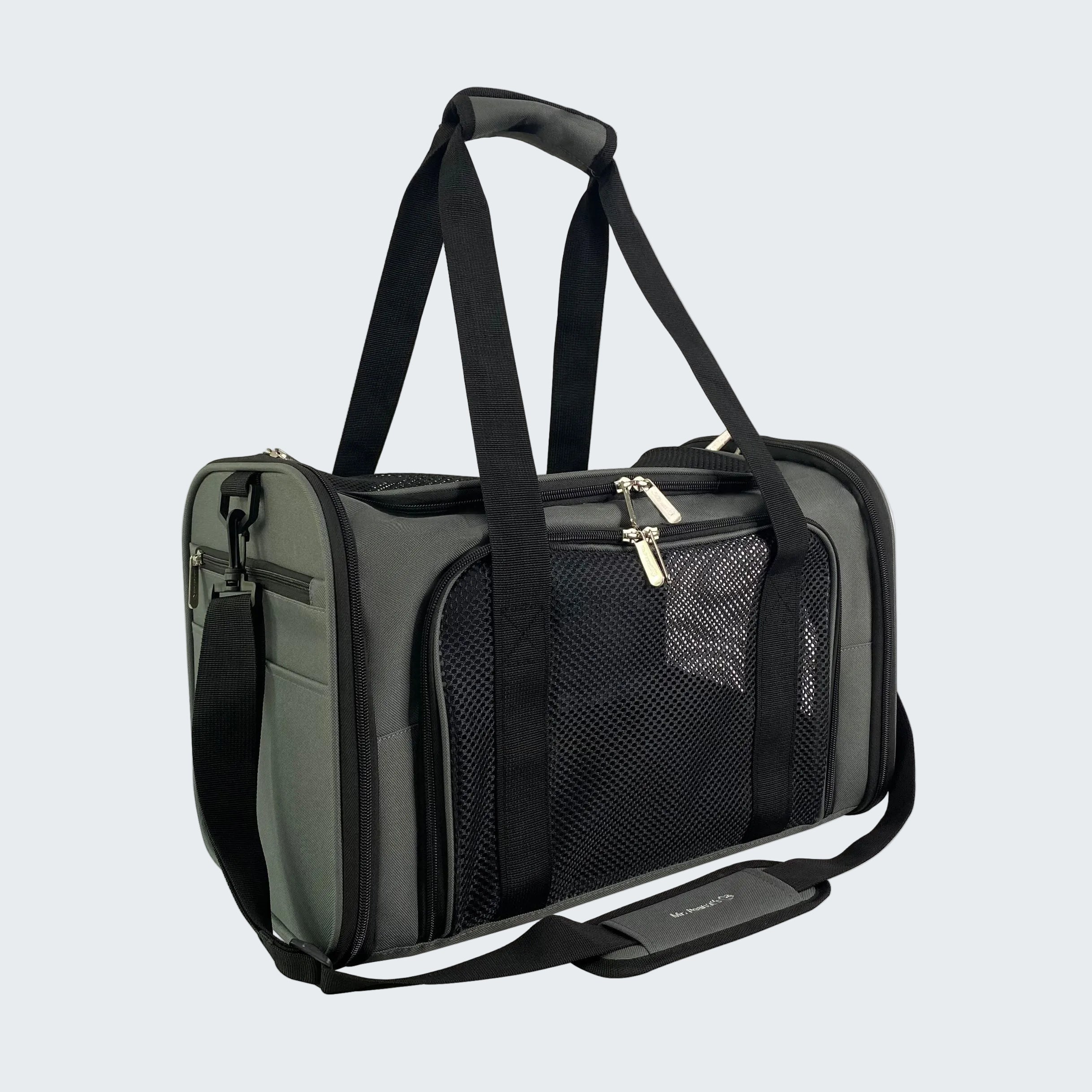 Black and gray pet carrier with mesh side on a white background