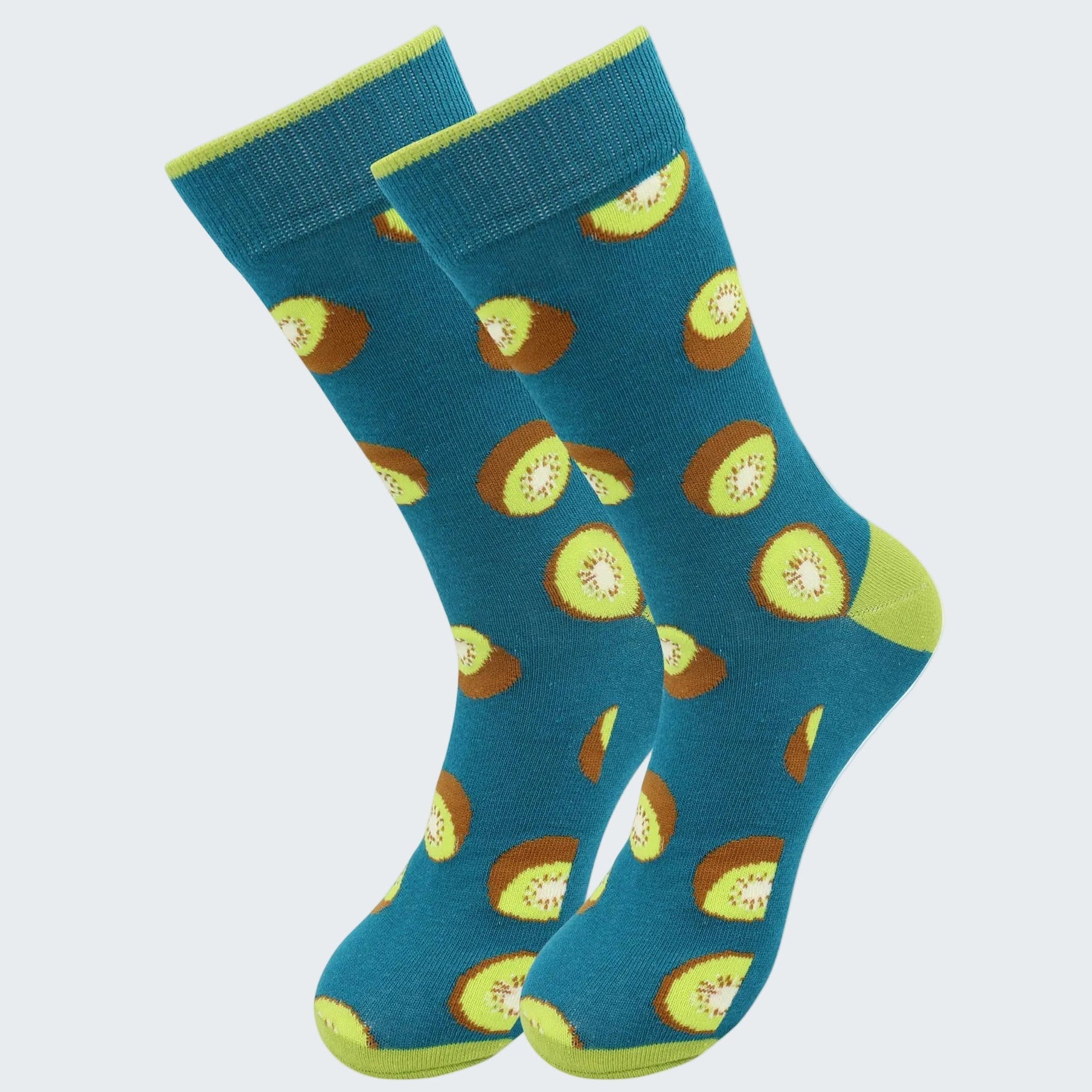 Teal socks with kiwi pattern on a white background
